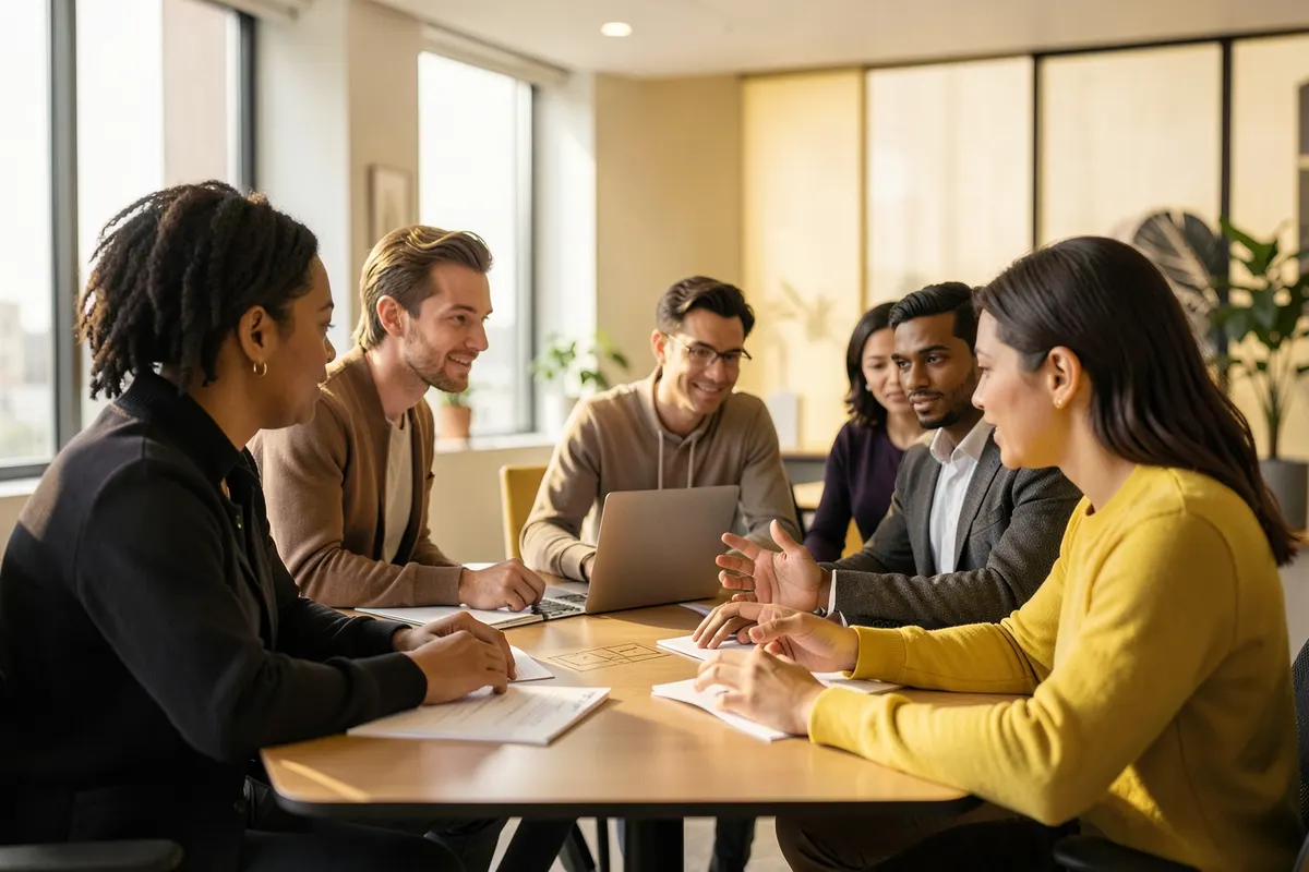 Pessoas diversas reunidas em volta de uma mesa com laptops e papéis, discutindo ideias em um ambiente de escritório moderno.
