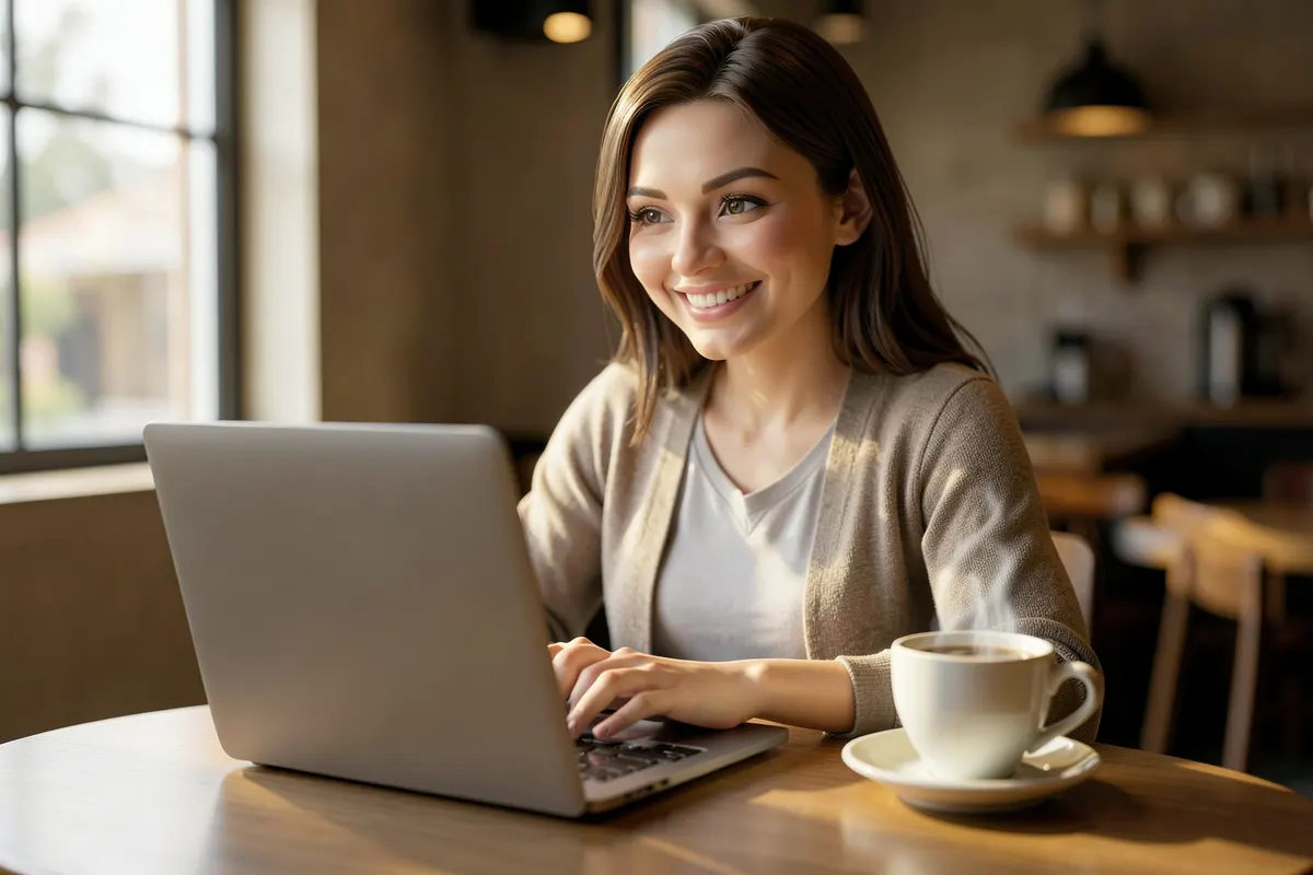 Mulher sorrindo enquanto usa um laptop em um café, com uma xícara de café ao lado.