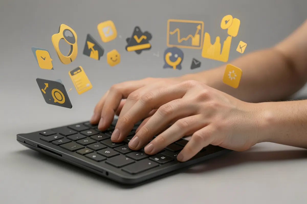 Mãos digitando em um teclado de computador com gráficos e ícones de marketing digital flutuando ao redor.