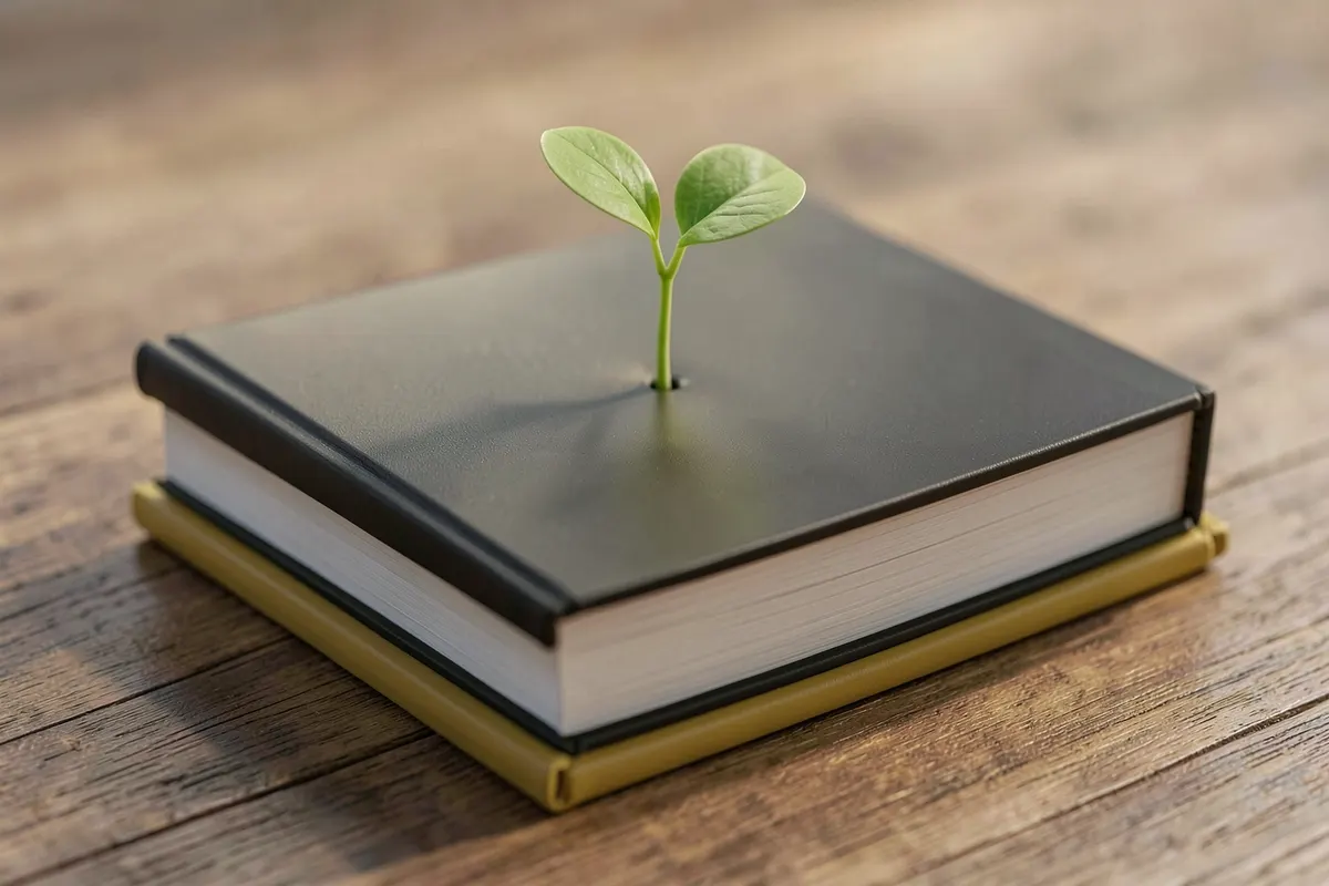 Pilha de livros sobre um fundo de madeira, com um pequeno broto crescendo no topo.