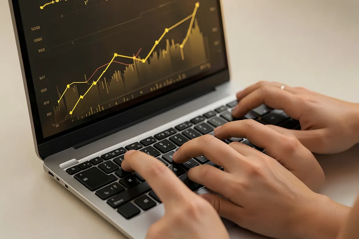 Mãos digitando em um teclado de computador com gráficos de vendas aparecendo na tela.