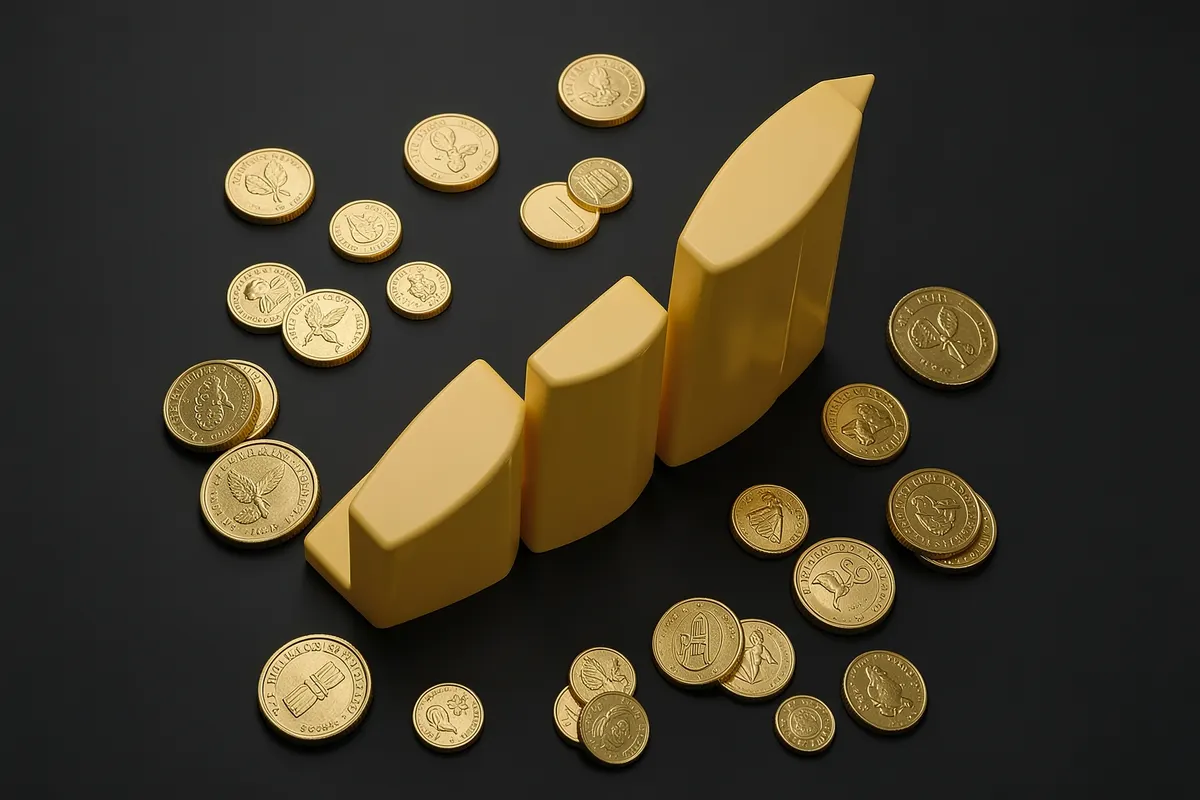 Gráfico de barras subindo com moedas de ouro ao redor, simbolizando crescimento financeiro.