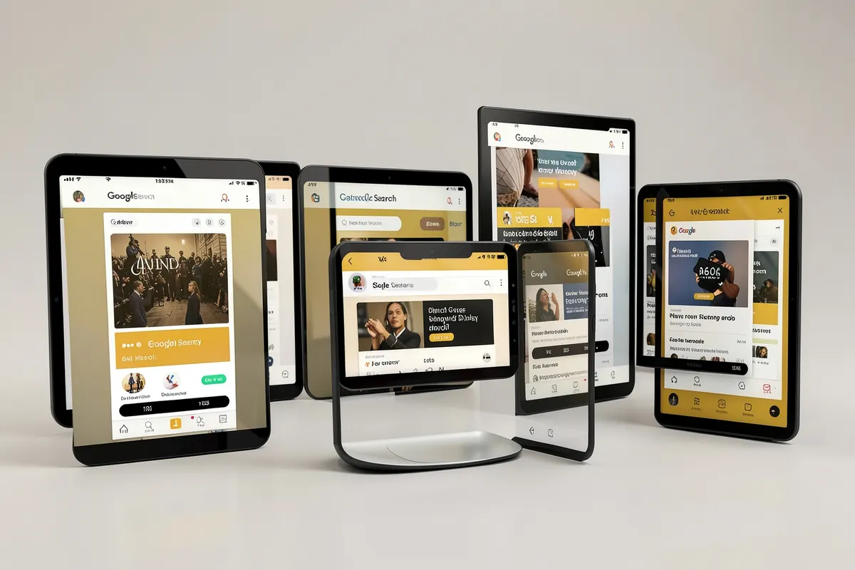 Exemplos de anúncios do Google Search e Display em diferentes dispositivos.