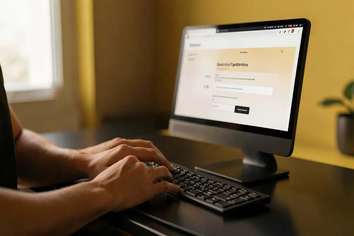 Pessoa preenchendo formulário de inscrição em um site no computador.