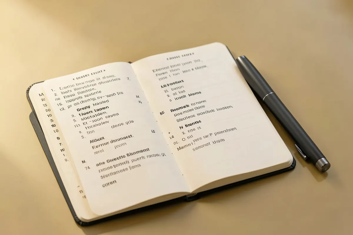Lista de palavras-chave organizadas em um caderno com uma caneta ao lado.