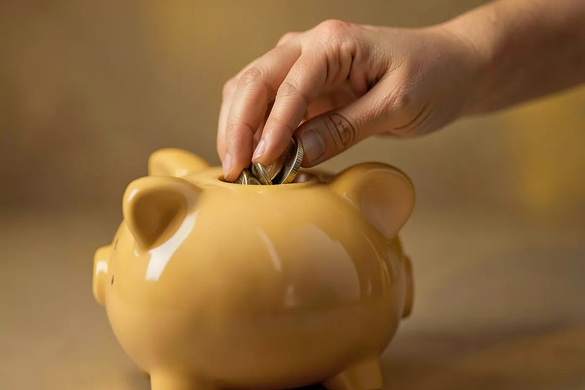 Mão colocando moedas em um cofrinho em forma de porco.