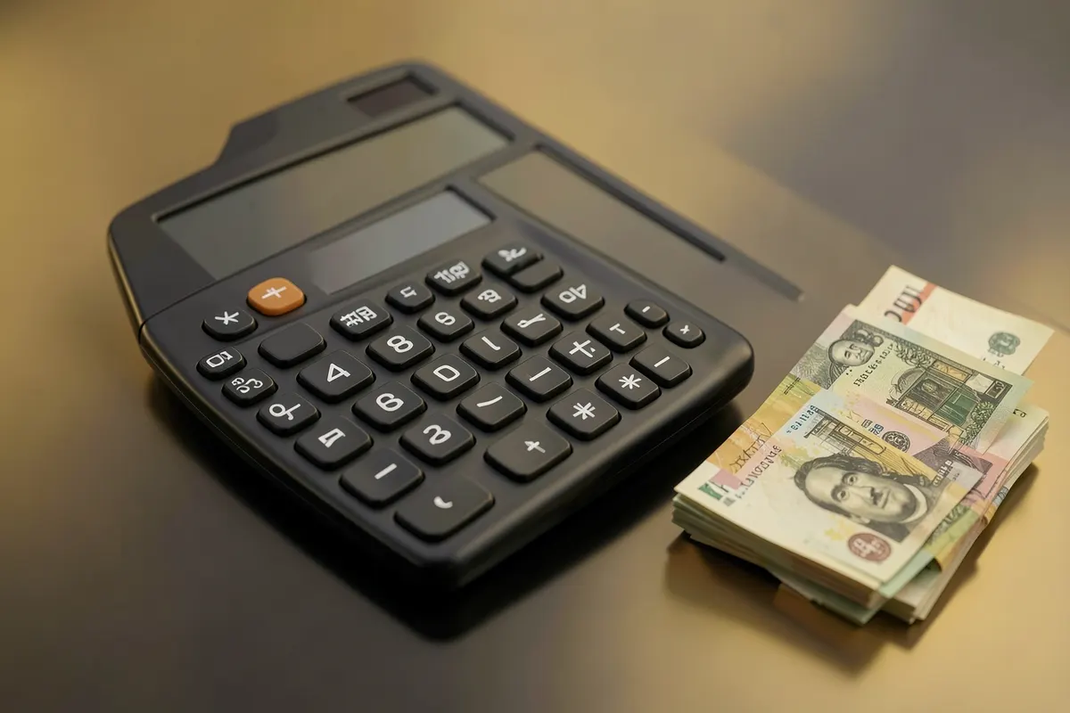 Calculadora e notas de dinheiro sobre uma mesa, representando o custo de publicidade.