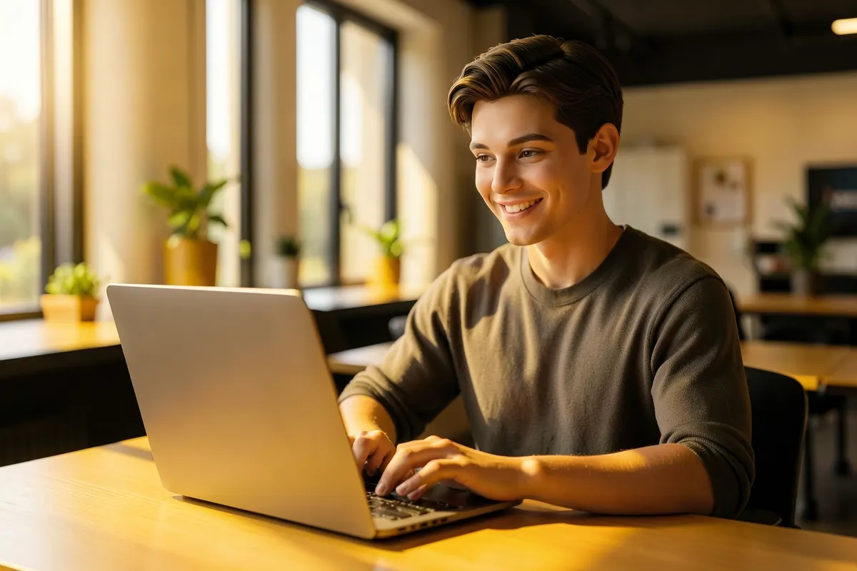 Pessoa jovem sorrindo enquanto usa um laptop em um ambiente de coworking.