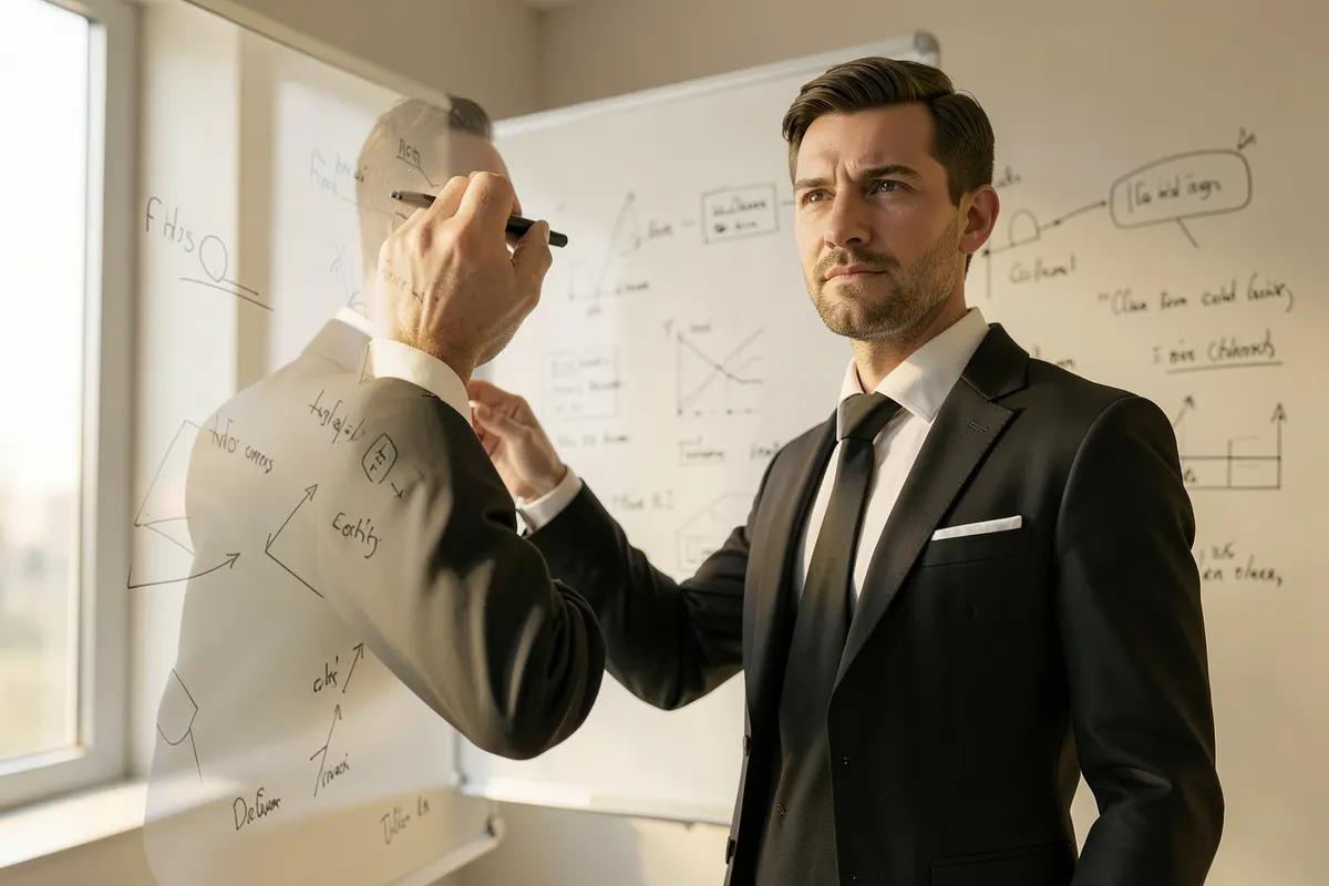 Homem de terno em frente a um quadro branco com anotações e gráficos, segurando um marcador.