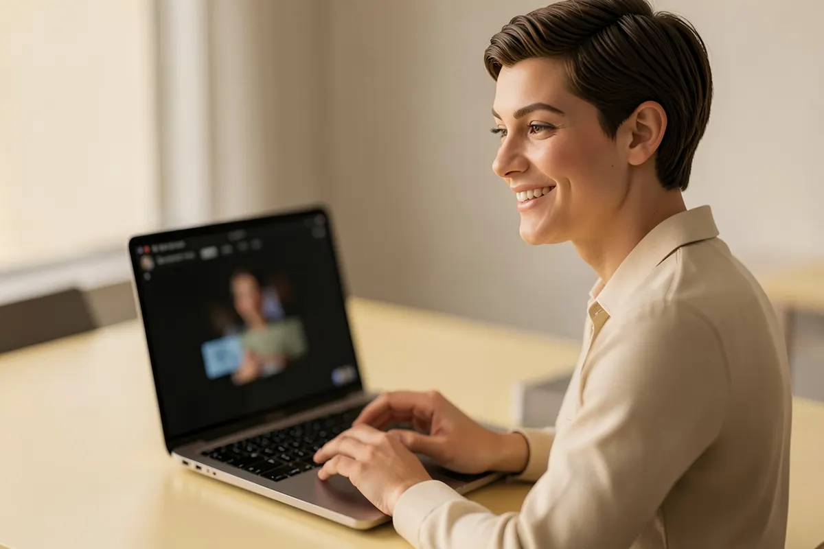 Pessoa sorrindo enquanto participa de uma videochamada em um laptop, com um fundo de escritório organizado.