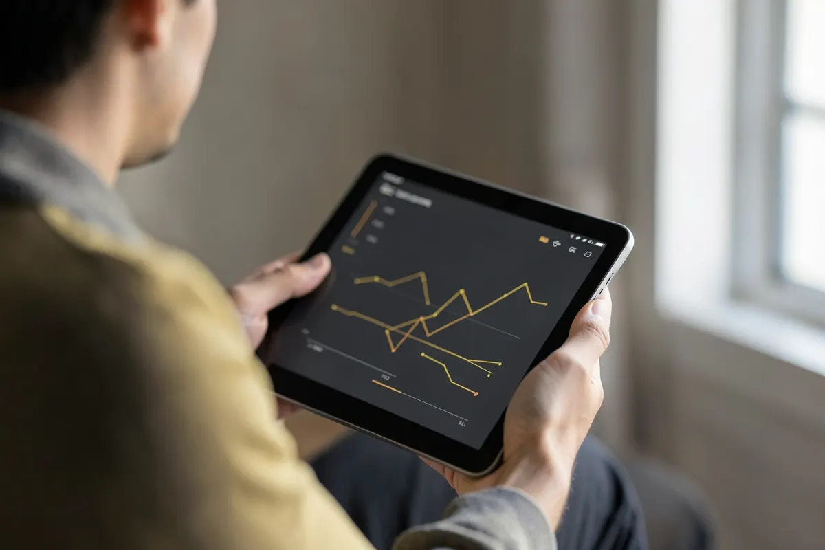 Pessoa analisando gráficos em um tablet em um escritório moderno, com foco em dados e performance.
