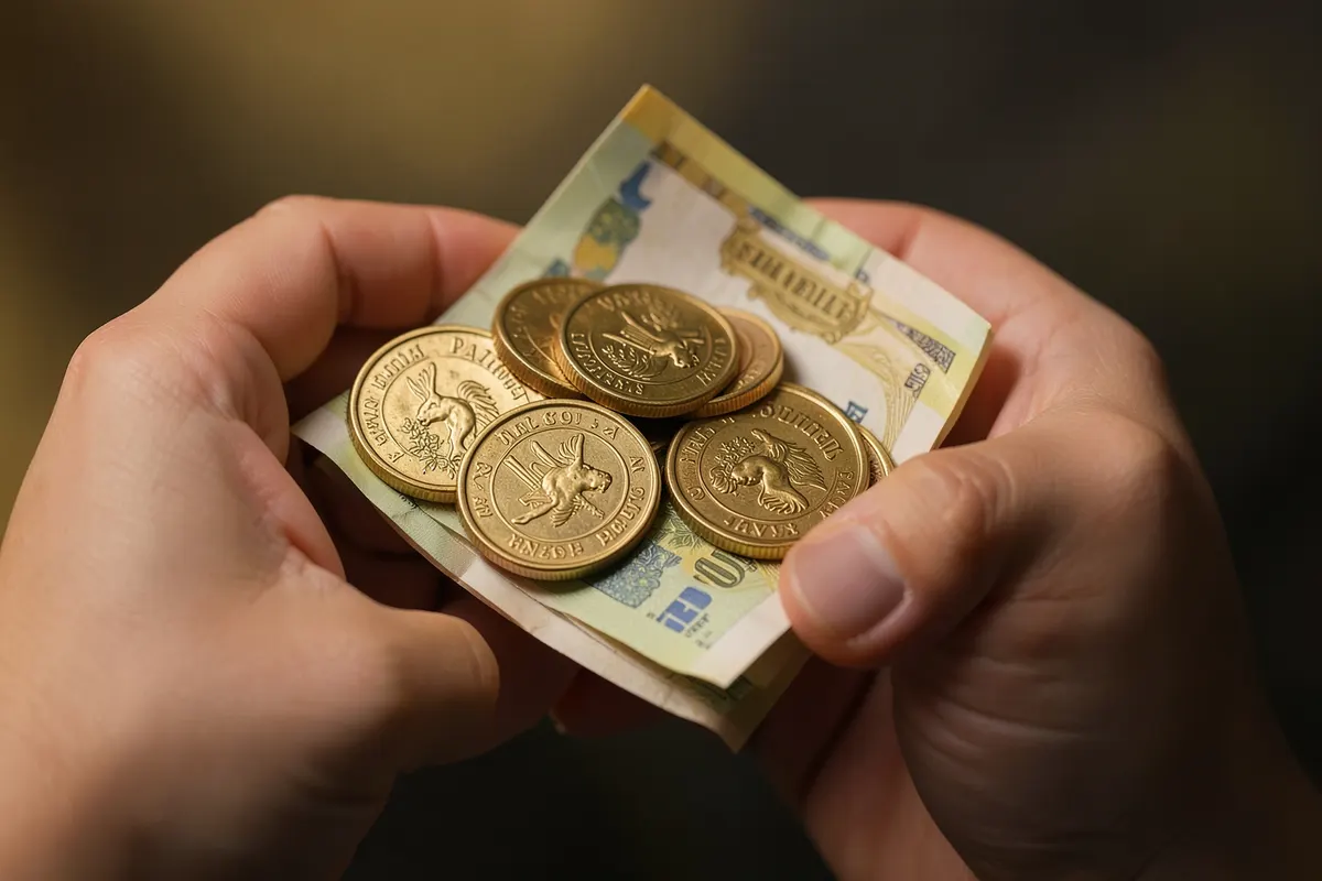 Mãos segurando moedas e notas de dinheiro, representando o retorno financeiro de investimentos em marketing.