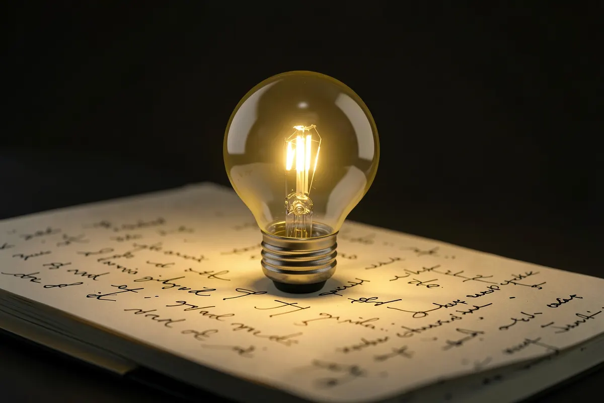 Lâmpada acesa sobre um bloco de notas com anotações, simbolizando ideias e otimização de campanhas.