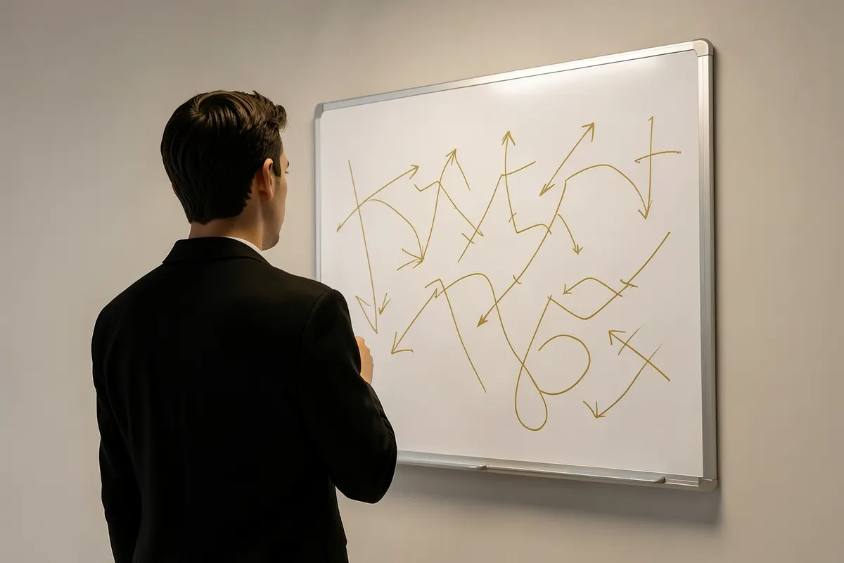 Pessoa pensativa olhando para um quadro branco com rabiscos e setas, indicando planejamento e estratégia.
