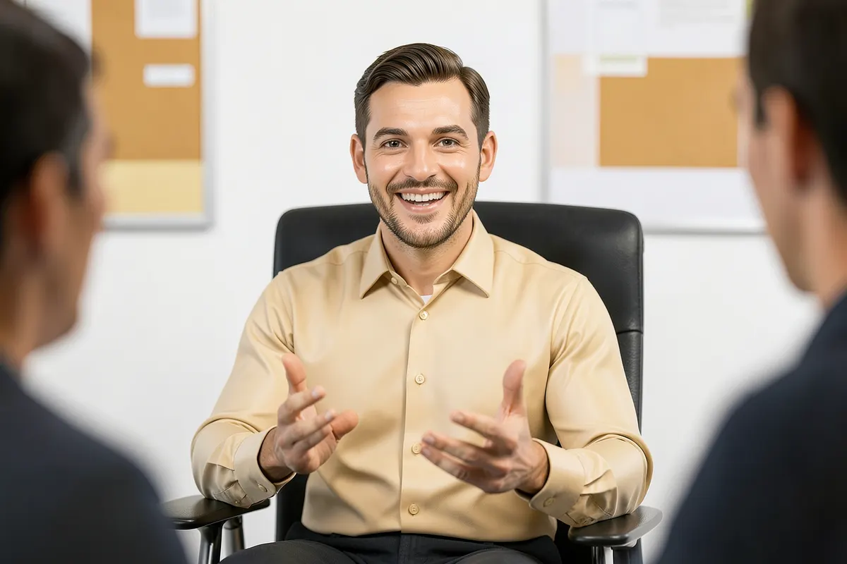 Um homem sorrindo, sentado em uma cadeira de escritório, gesticulando com as mãos enquanto explica algo para outra pessoa que está fora de quadro. Ao fundo, uma parede branca com alguns quadros de avisos. A imagem é um plano médio, com foco no homem. A luz é clara e uniforme, vinda da frente. A ação é ele ensinando sobre tráfego pago.