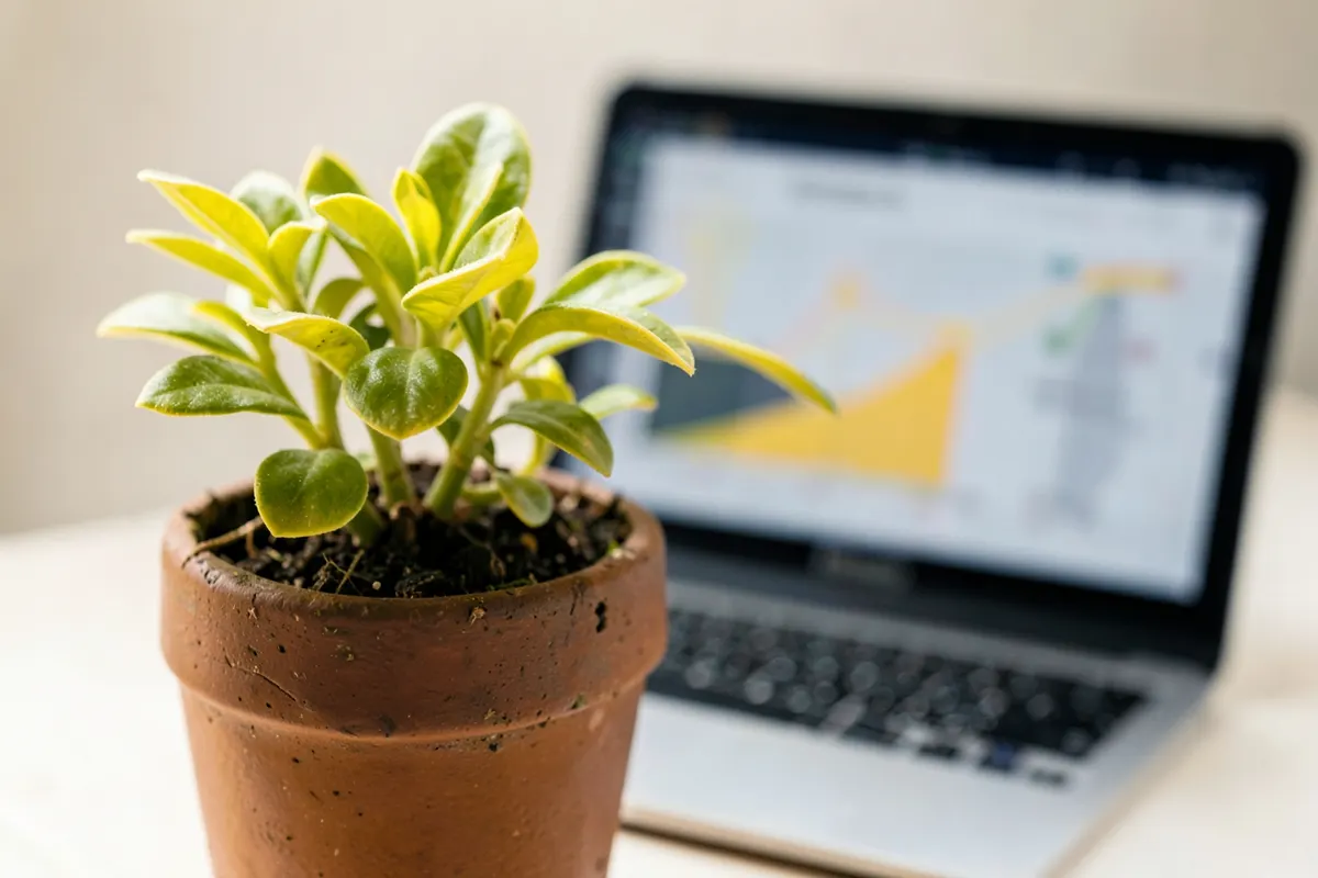Gráficos de crescimento em um laptop, com uma planta pequena ao lado.