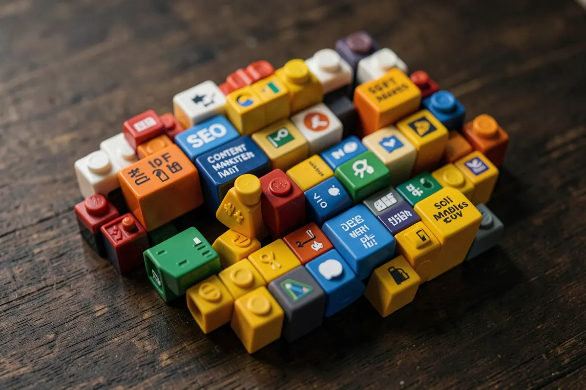 Uma pessoa organizando blocos de construção coloridos em uma mesa, representando a estrutura do marketing digital.