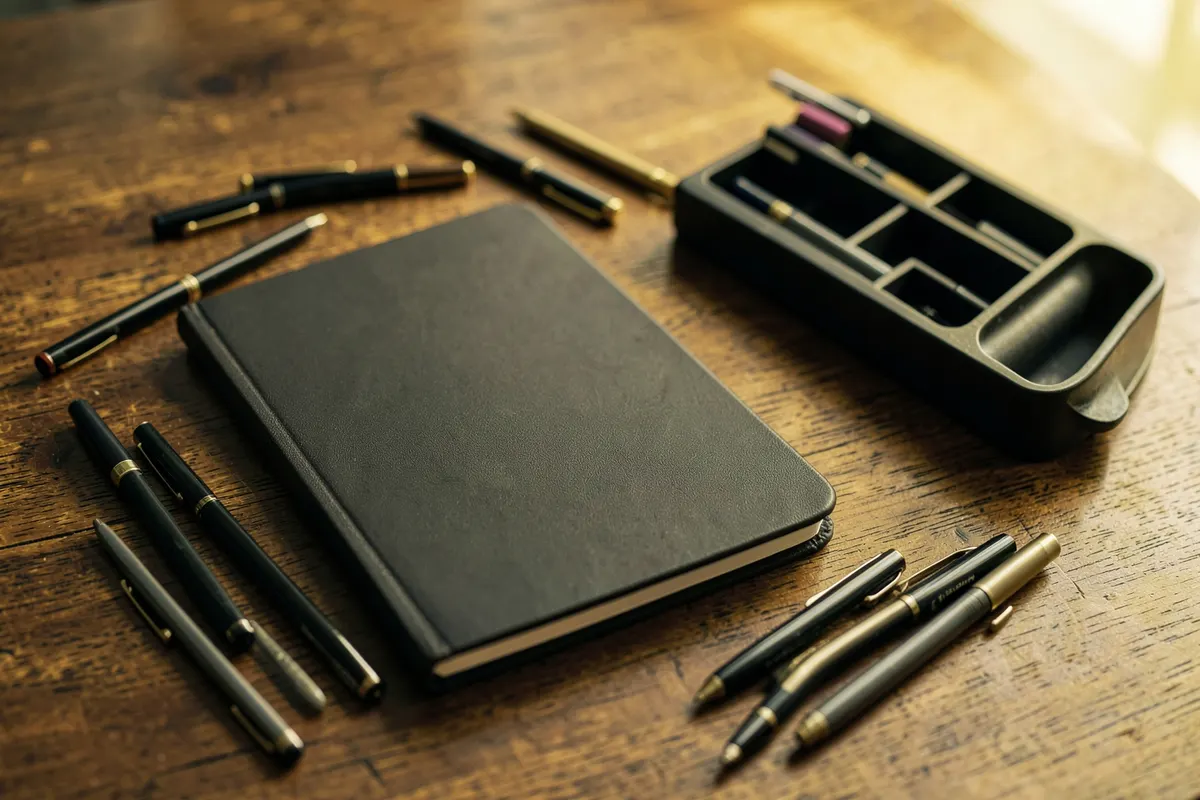 Um conjunto de ferramentas de escritório, como um caderno fechado, canetas e um organizador de mesa, sobre uma superfície de madeira.