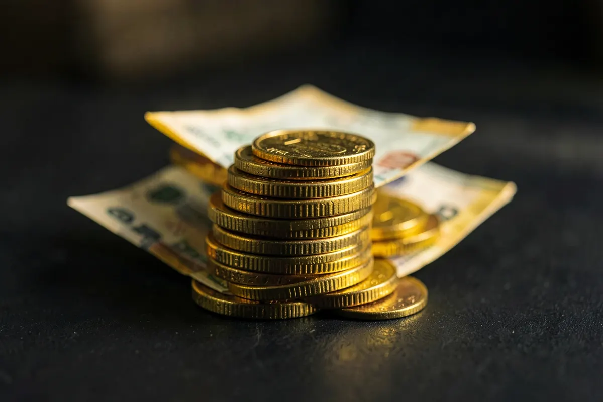 Uma pilha de moedas de ouro e notas de dinheiro em uma superfície escura, representando o salário em marketing digital.