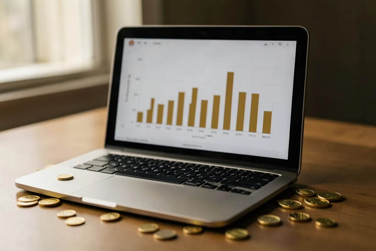 Um laptop aberto exibindo um gráfico de barras em sua tela, com moedas de ouro espalhadas sobre a mesa ao lado.