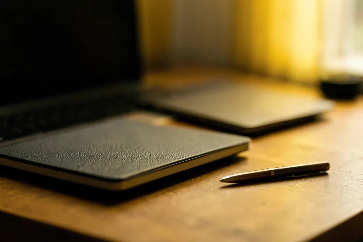 Uma mesa de escritório com um laptop, um caderno fechado e uma caneta, sugerindo planejamento e trabalho.
