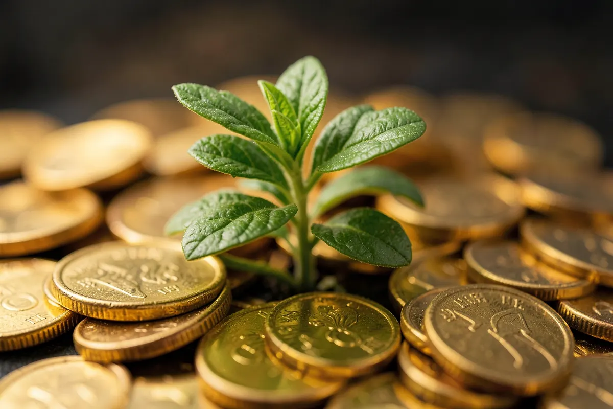 Uma planta crescendo de um monte de moedas, simbolizando crescimento financeiro.
