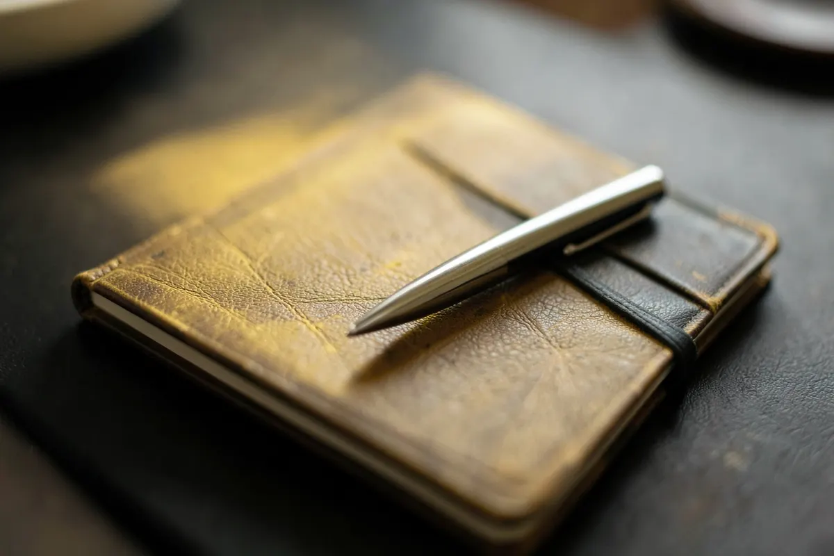 Um caderno fechado com uma caneta ao lado, representando um plano de estudos ou anotações.