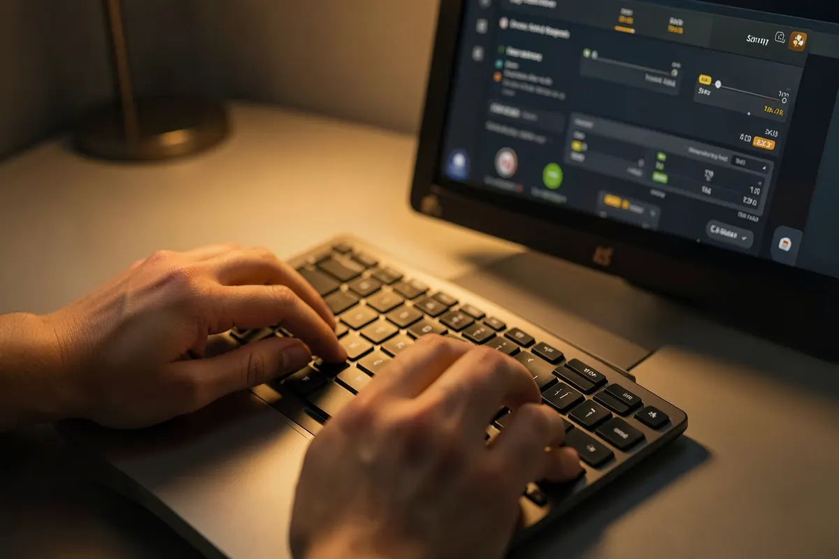 Um close-up de mãos digitando em um teclado de computador, com uma tela exibindo uma plataforma de anúncios com botões de configuração e métricas.