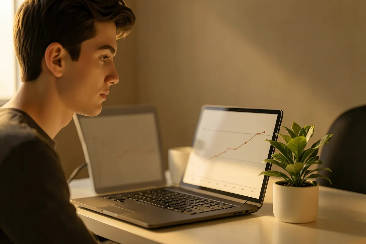 Uma pessoa jovem com expressão pensativa, olhando para um laptop que exibe um gráfico de crescimento simples, com uma planta pequena crescendo ao lado do teclado.