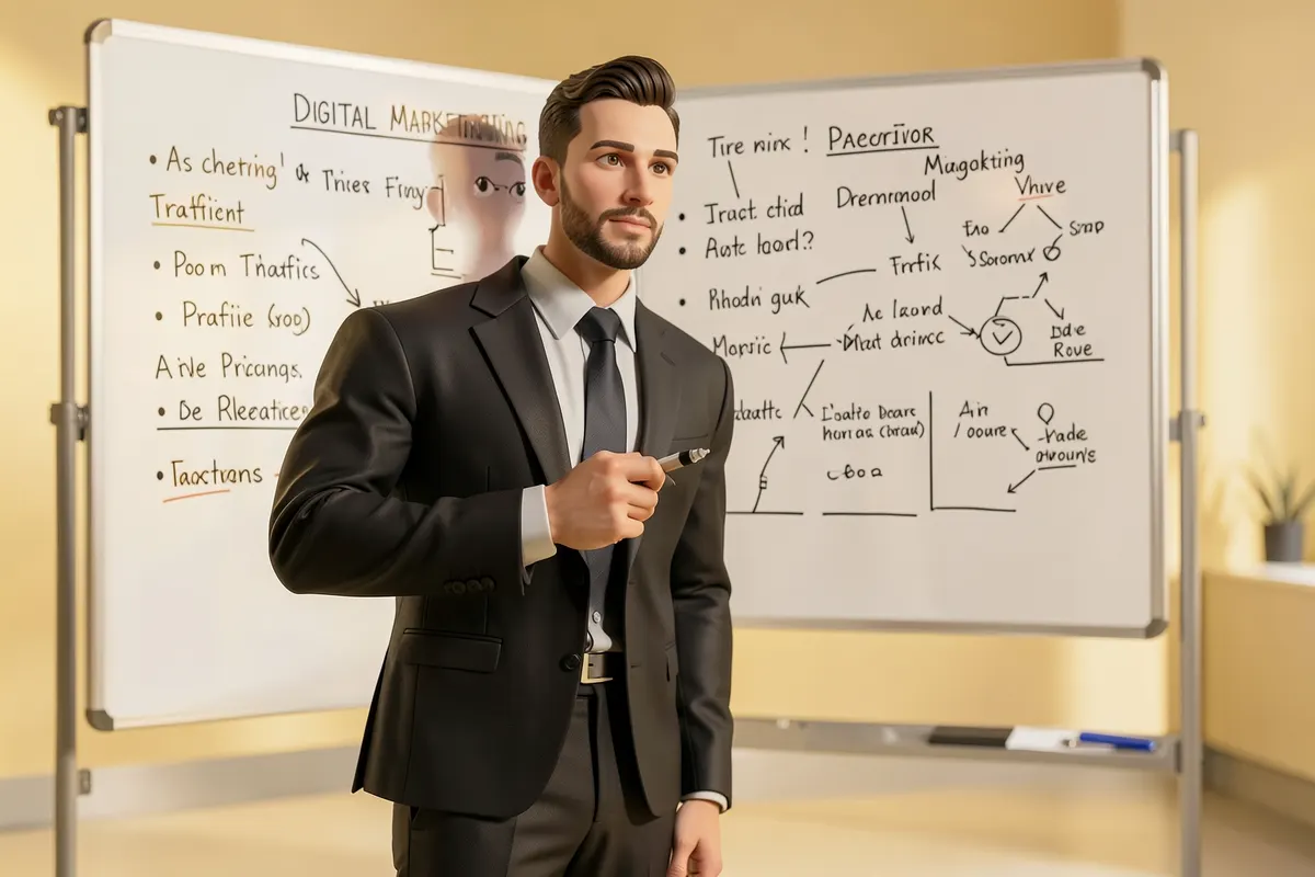 Um homem de terno, em frente a um quadro branco com anotações e diagramas sobre marketing digital e gestão de tráfego, segurando um marcador.