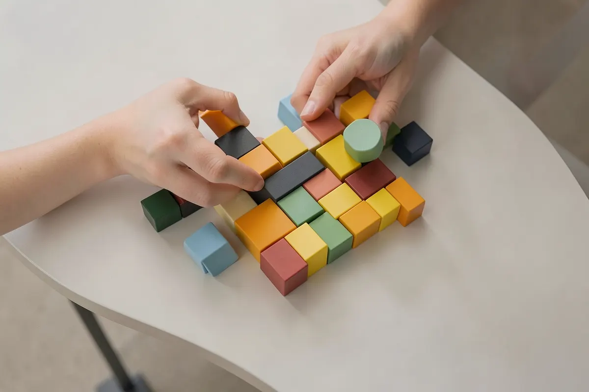 Uma pessoa organizando blocos de construção coloridos em uma mesa, simbolizando a construção de uma estratégia de marketing digital bem-sucedida.