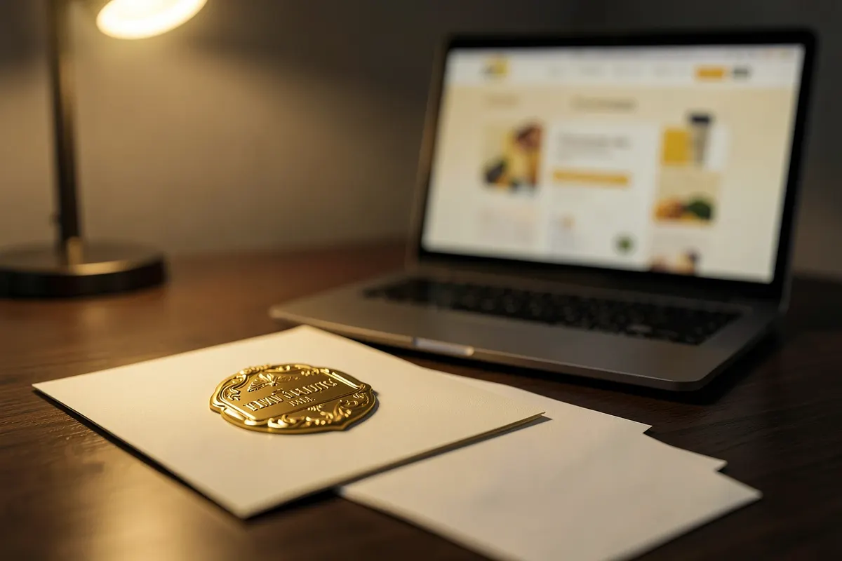 Um close-up de um certificado de conclusão de curso com um selo dourado, sobre uma mesa com um laptop aberto exibindo um site de e-commerce.