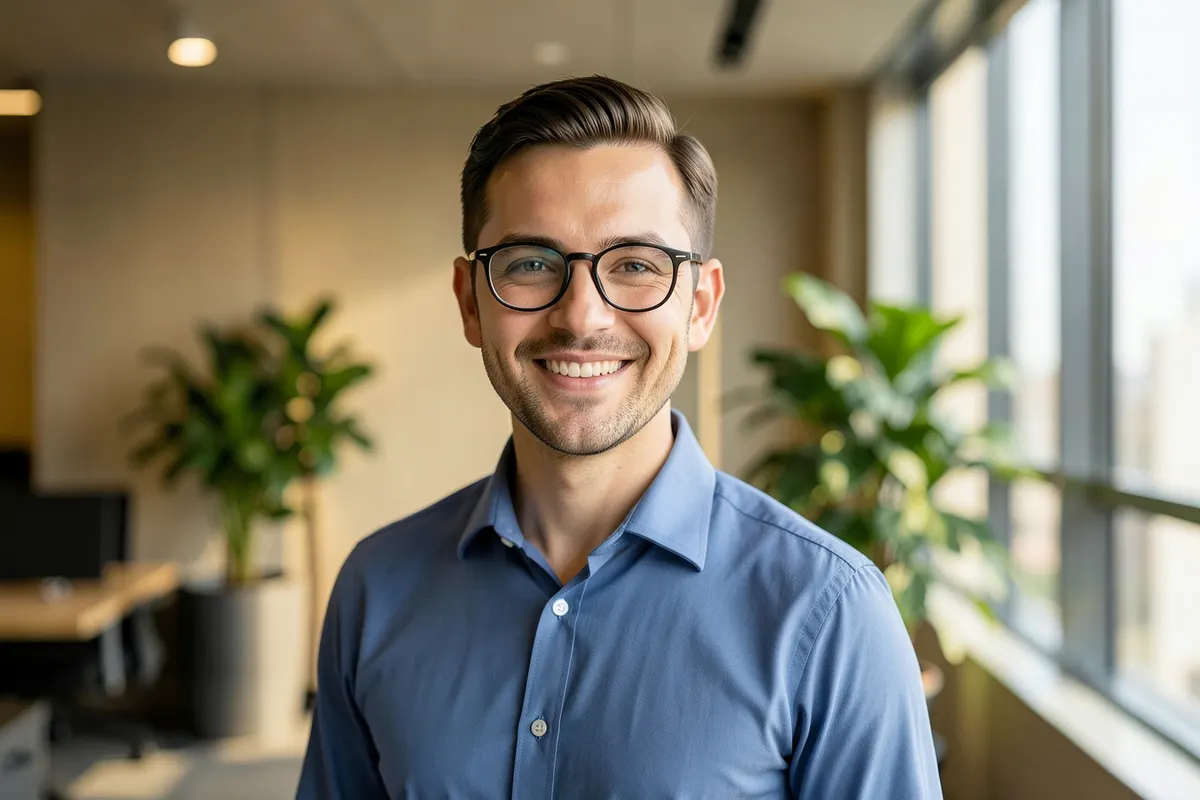 Um homem de óculos e camisa social azul, sorrindo, em um escritório moderno com plantas ao fundo.