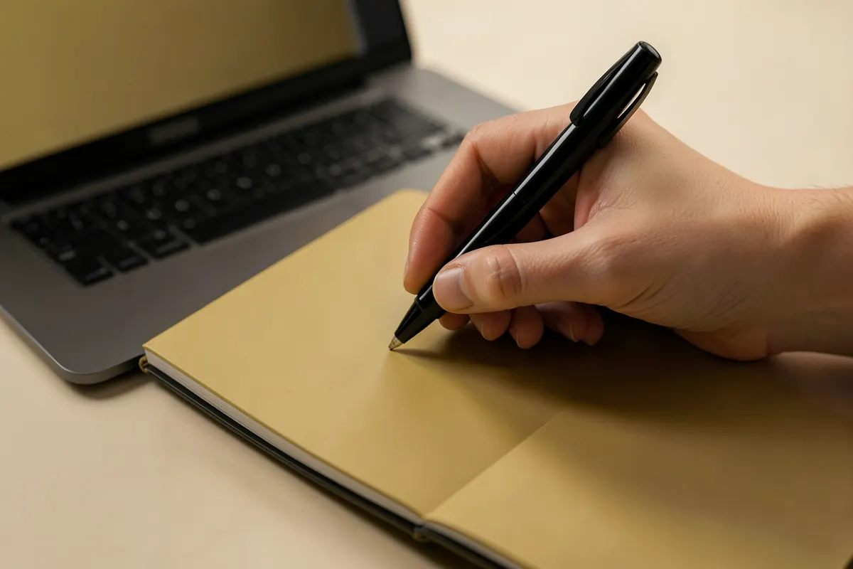 Uma pessoa escrevendo em um caderno fechado com uma caneta preta, com um laptop desfocado ao fundo.