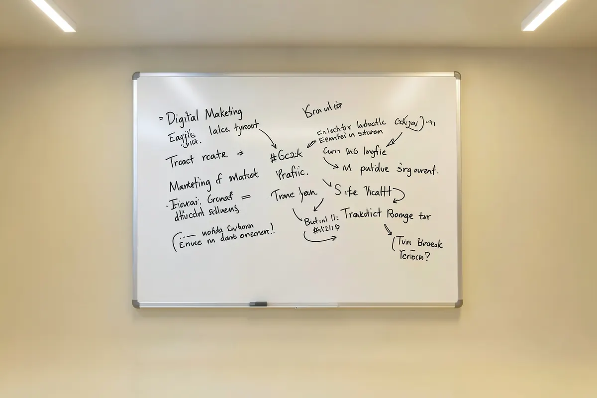 Um quadro branco com anotações e desenhos sobre marketing digital e gestão de tráfego.