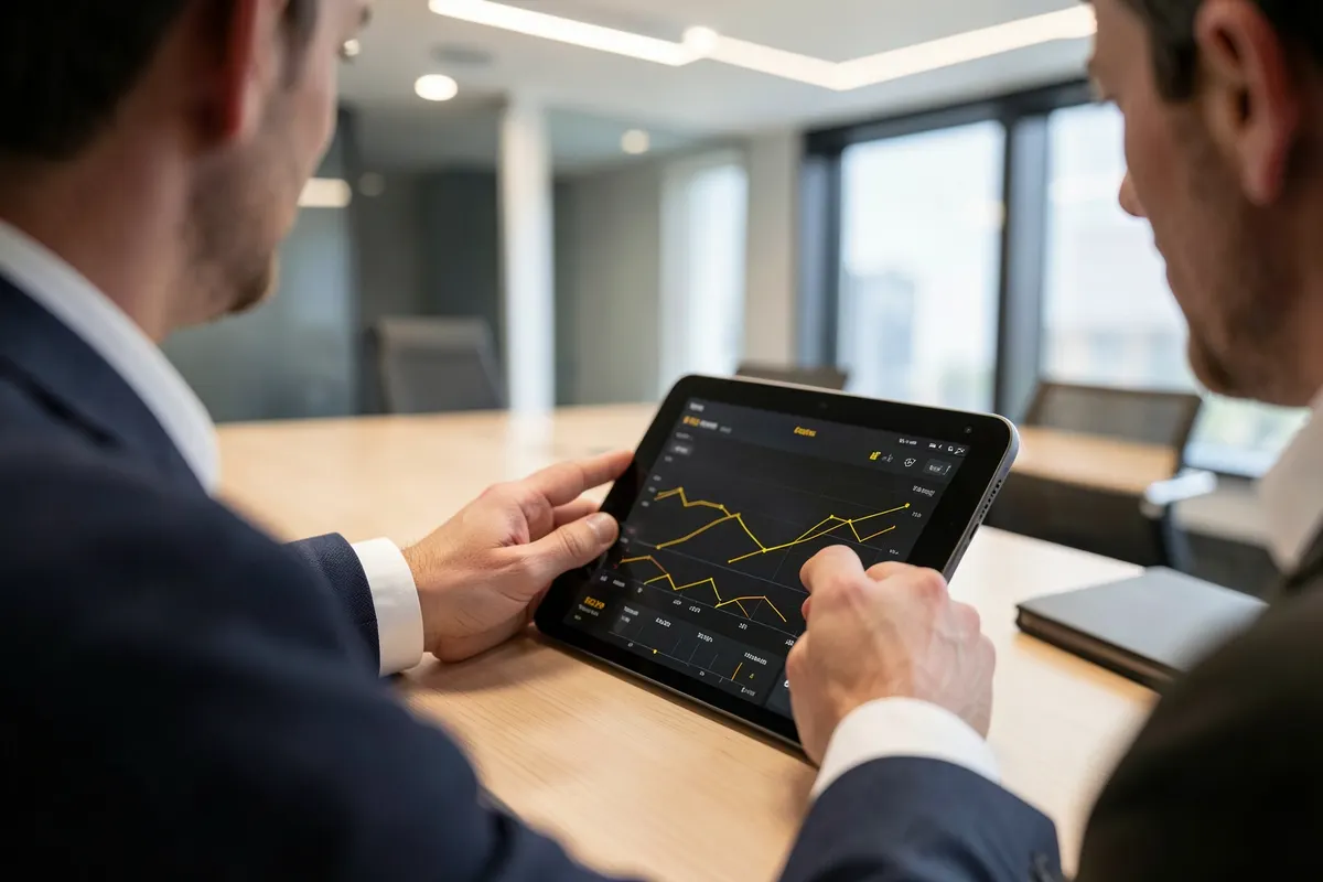 Um empresário analisando gráficos em um tablet em uma sala de reuniões moderna.