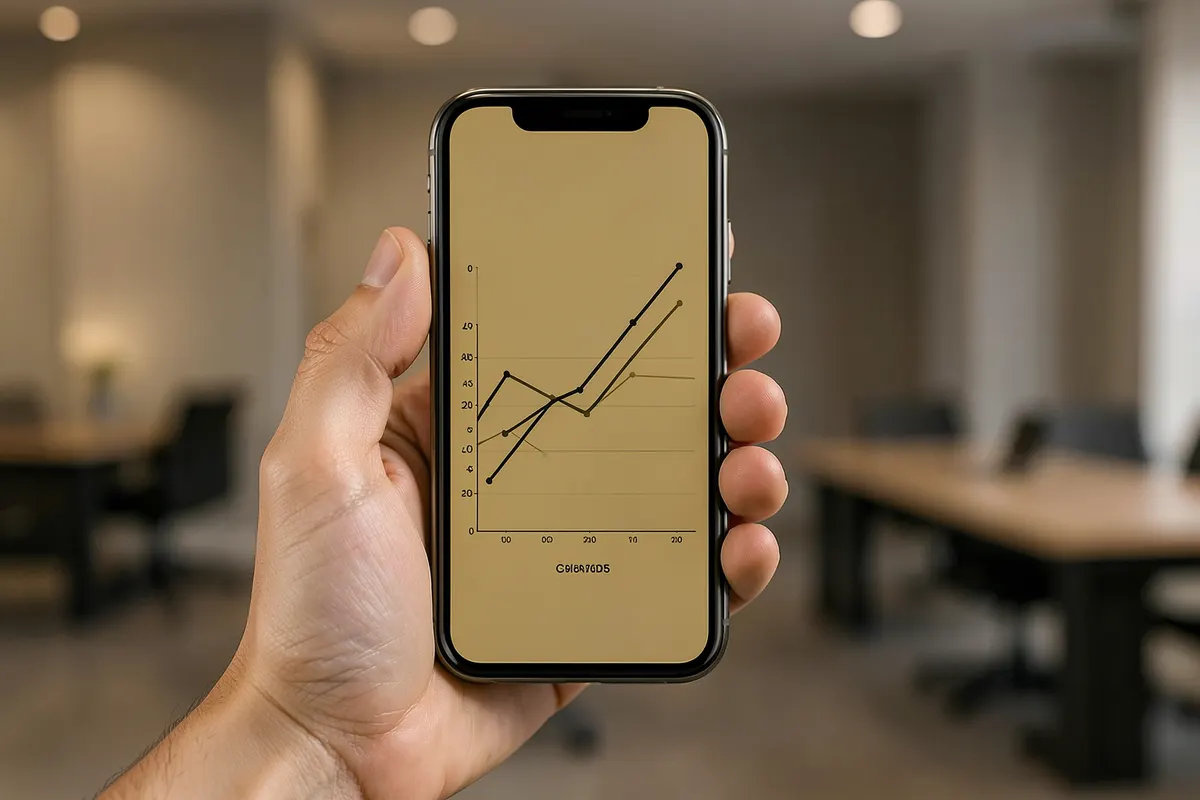 Uma pessoa segurando um celular com um gráfico de crescimento na tela, em um ambiente de escritório.