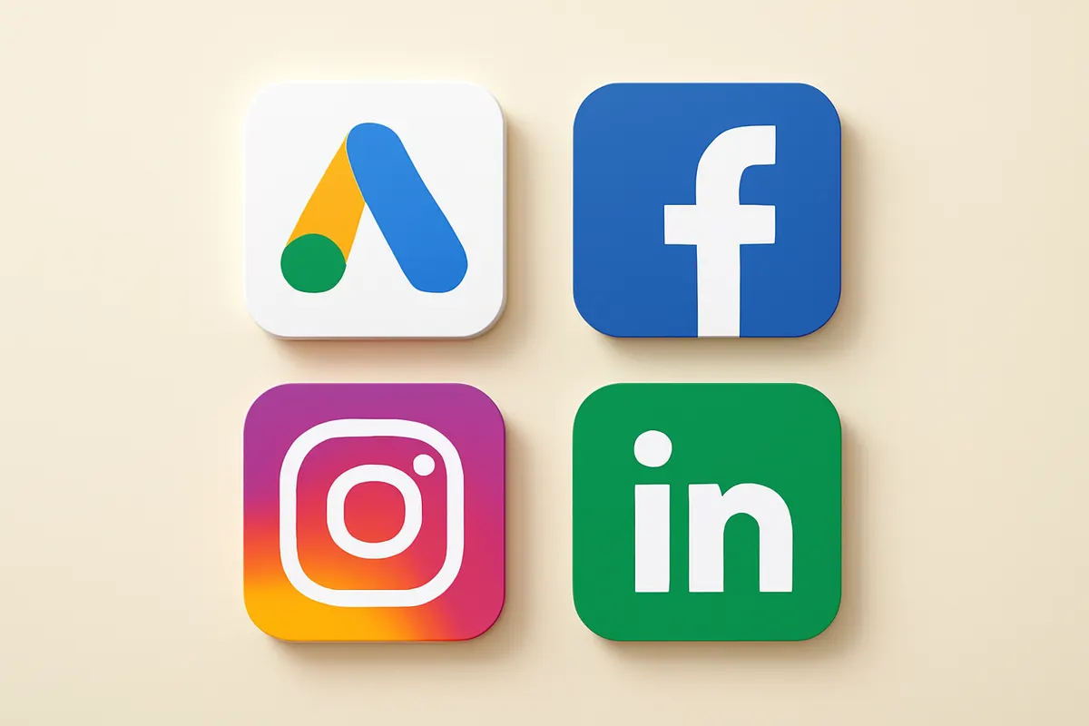 Tipos de tráfego pago: ícones representando diferentes plataformas de anúncios como Google, Facebook e Instagram.