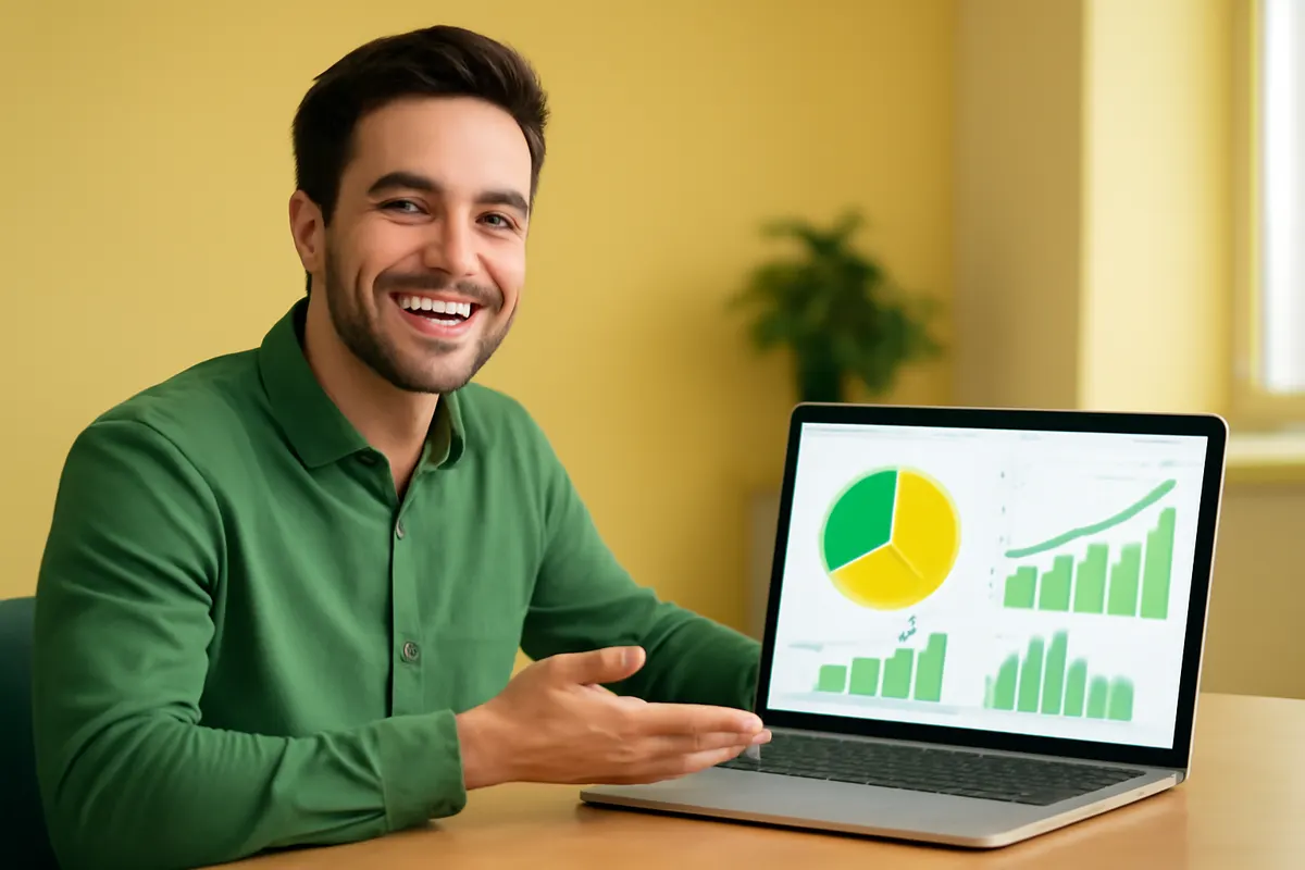 Melhor curso de tráfego pago: pessoa sorrindo e gesticulando em frente a um laptop com gráficos na tela.
