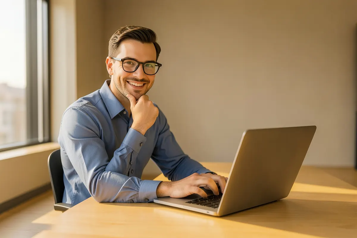 Um homem de óculos e camisa social azul, em plano médio, sorri para a câmera com uma mão no queixo e a outra apoiada em um notebook aberto em uma mesa de madeira clara, com luz natural vindo da esquerda em um ambiente de escritório moderno.