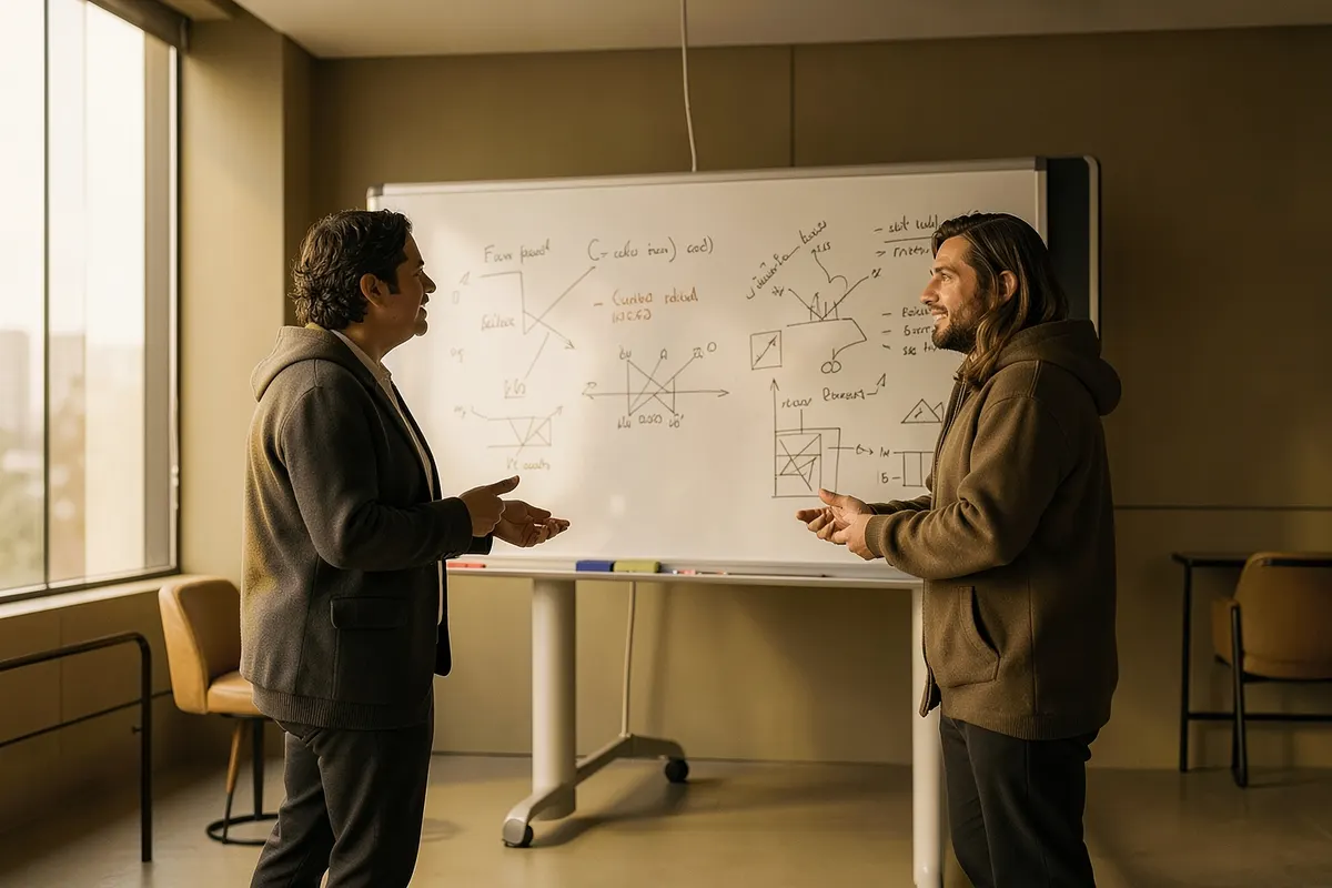 Um grupo de três pessoas em um escritório moderno, em plano médio, discute ideias em frente a um quadro branco com anotações e gráficos, com luz natural vindo da janela lateral.