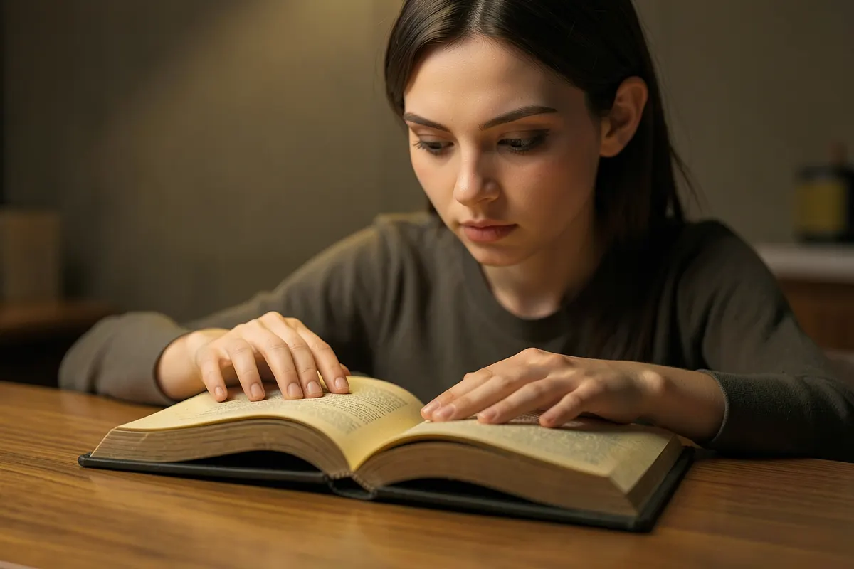 Uma mulher jovem com expressão concentrada, em close-up, estuda atentamente um livro aberto sobre uma mesa de madeira, com luz suave vinda de cima, em um ambiente de estudo tranquilo.