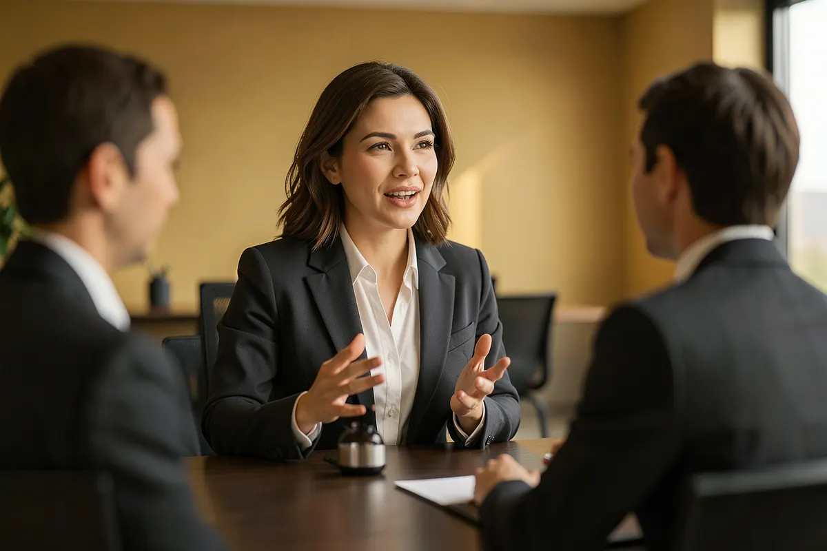 Uma mulher de negócios, em plano médio, gesticula com as mãos enquanto conversa com um cliente em um escritório moderno, com luz natural vindo da direita, criando um ambiente profissional e acolhedor.