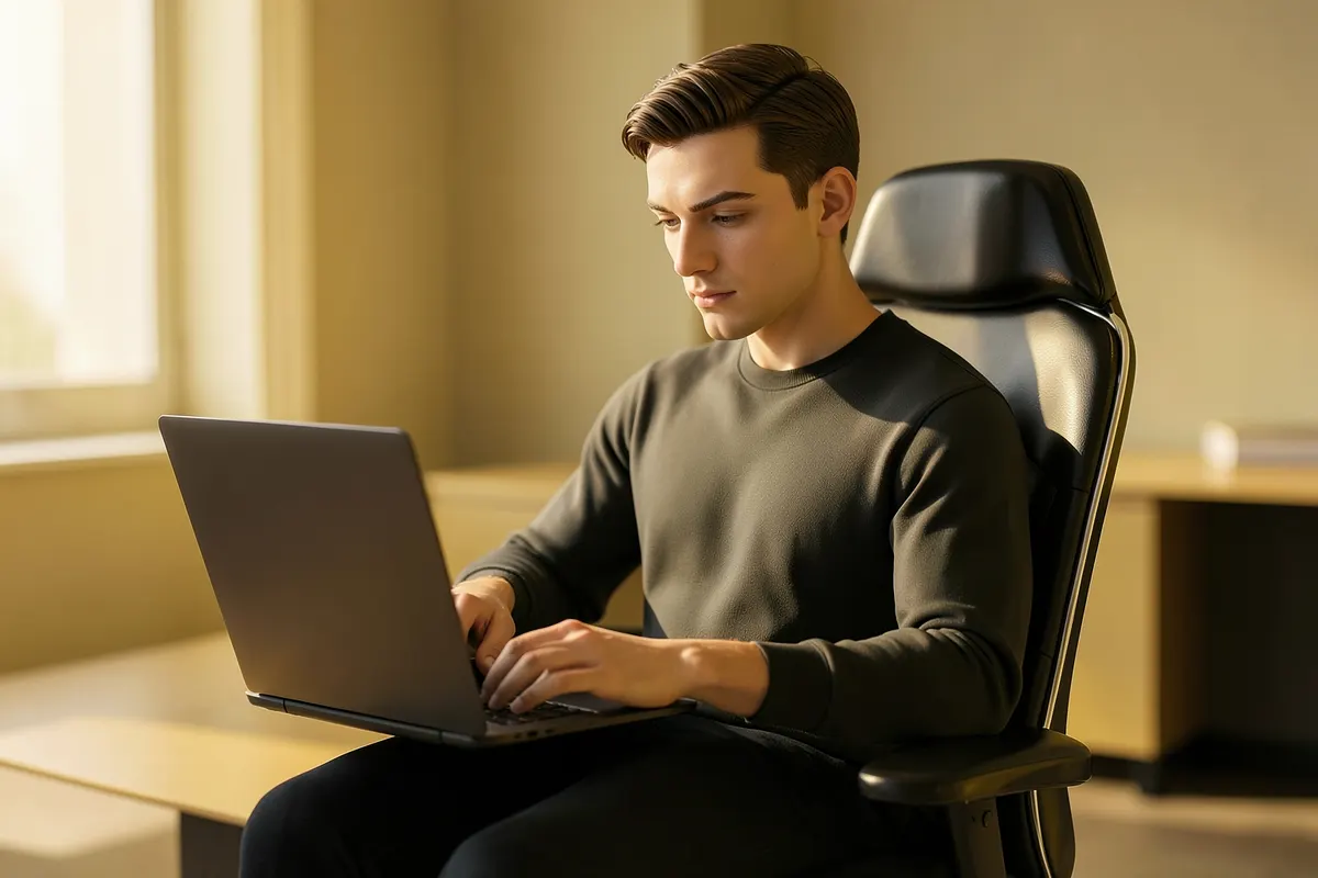 Um homem jovem, em plano médio, sentado em uma cadeira de escritório, digita em um notebook com expressão focada, com luz natural vindo da esquerda, em um ambiente de trabalho organizado.