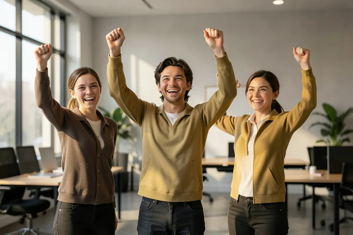 Uma equipe de três pessoas em um escritório moderno, em plano médio, celebra um sucesso com as mãos para o alto, com luz natural vindo da janela, em um momento de alegria e conquista.