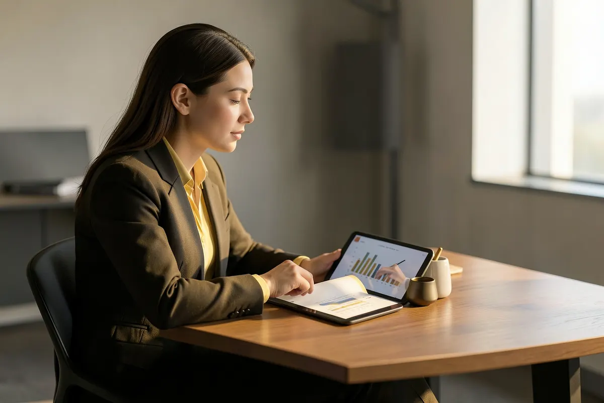 Uma mulher de negócios, em plano médio, analisa gráficos em um tablet em uma mesa de escritório, com luz natural vindo da direita, em um ambiente de trabalho focado e produtivo.