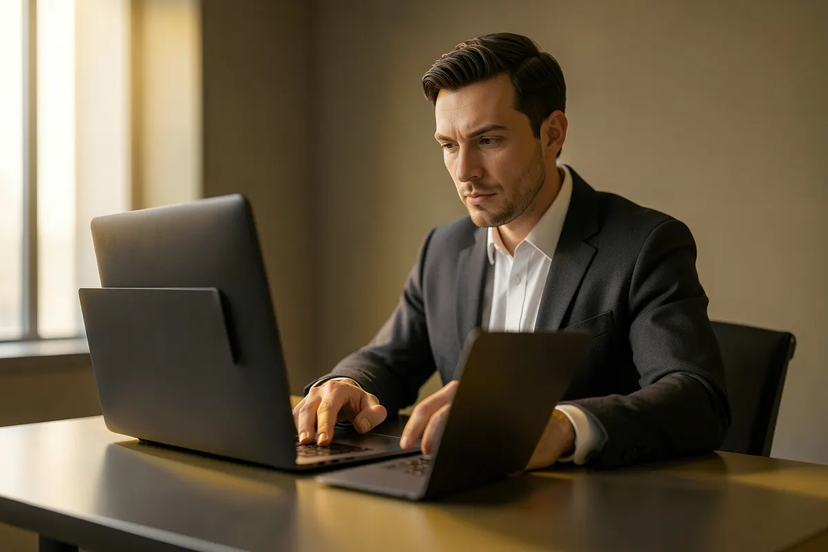 Um homem de negócios, em plano médio, aponta para um gráfico em um notebook aberto sobre uma mesa de escritório, com luz natural vindo da esquerda, em um ambiente de trabalho colaborativo.
