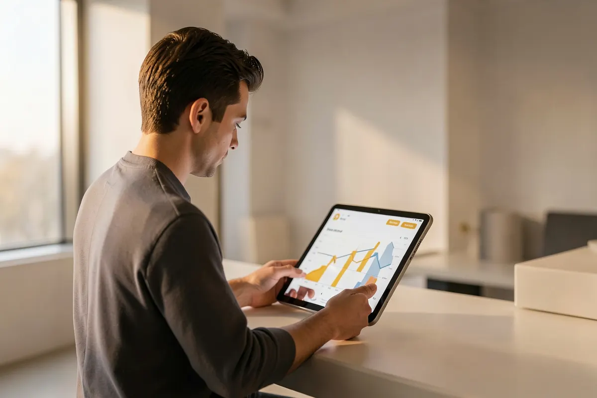 Pessoa analisando gráficos em um tablet em um escritório moderno.