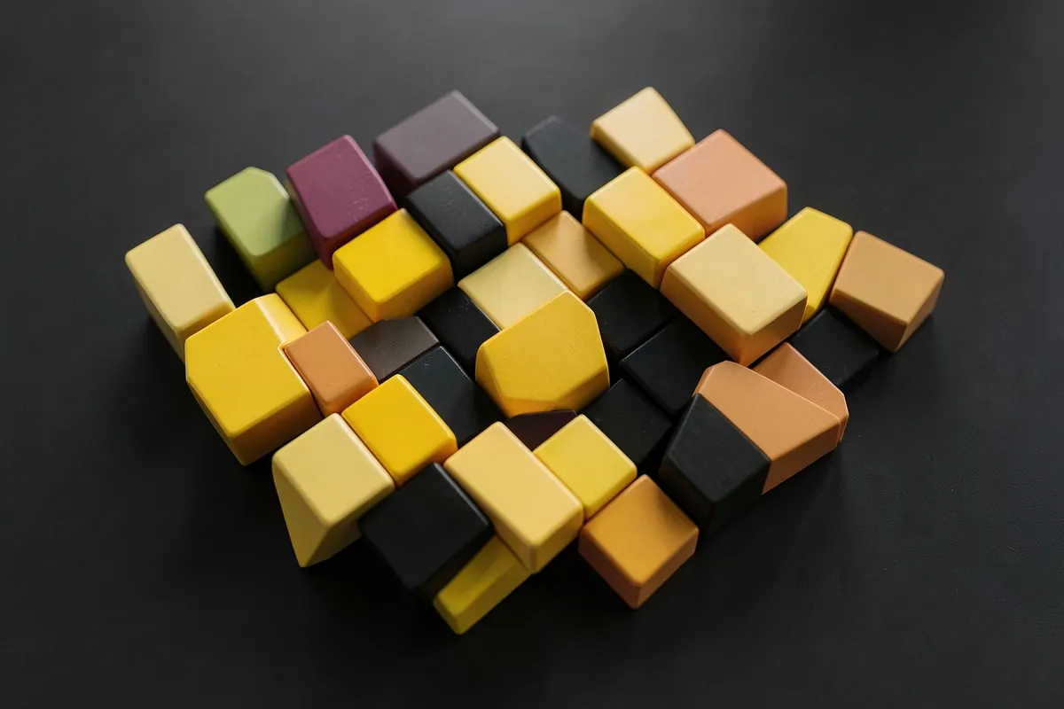 Pessoa organizando blocos de madeira coloridos em uma mesa.