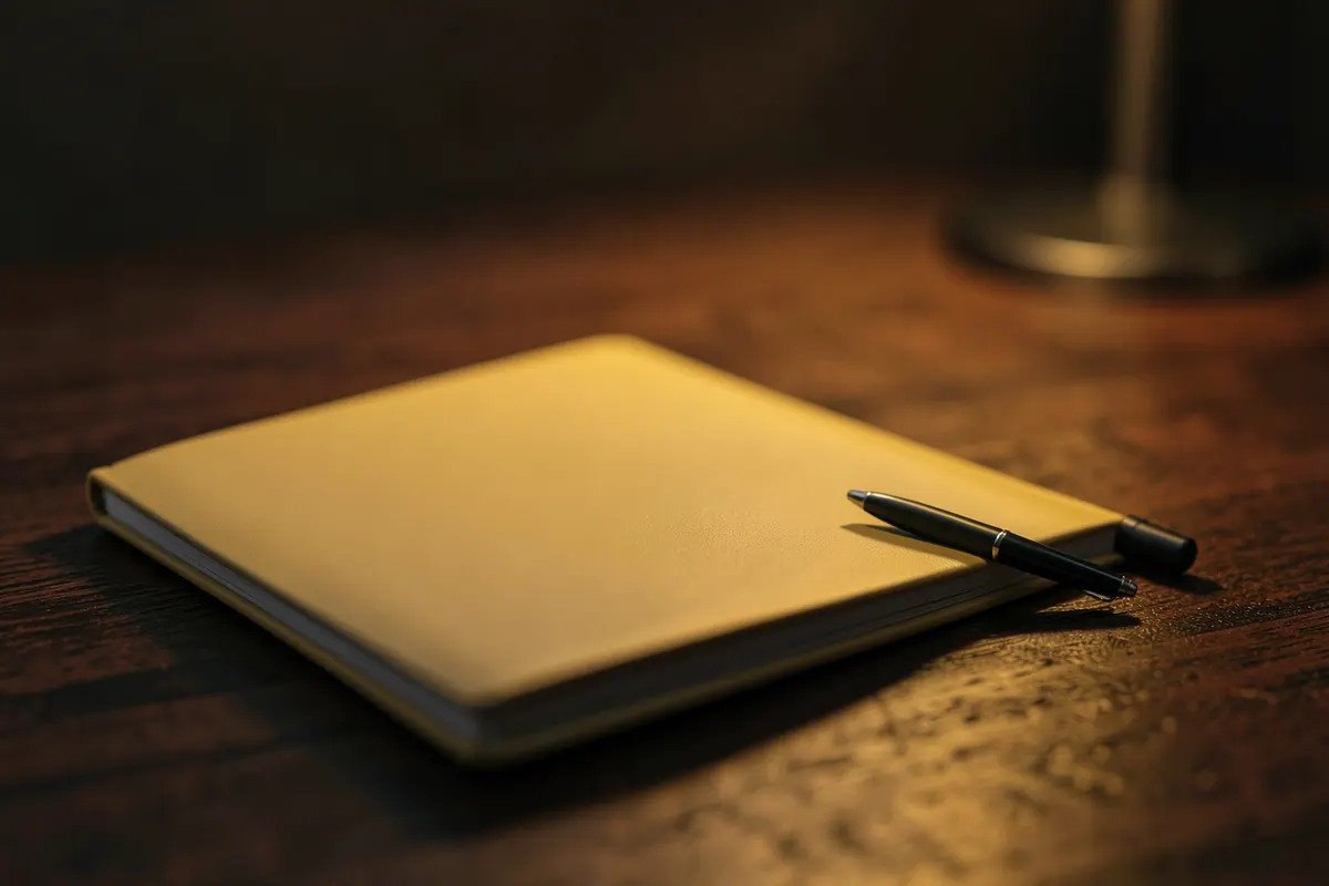 Pessoa revisando um caderno fechado com uma caneta ao lado.